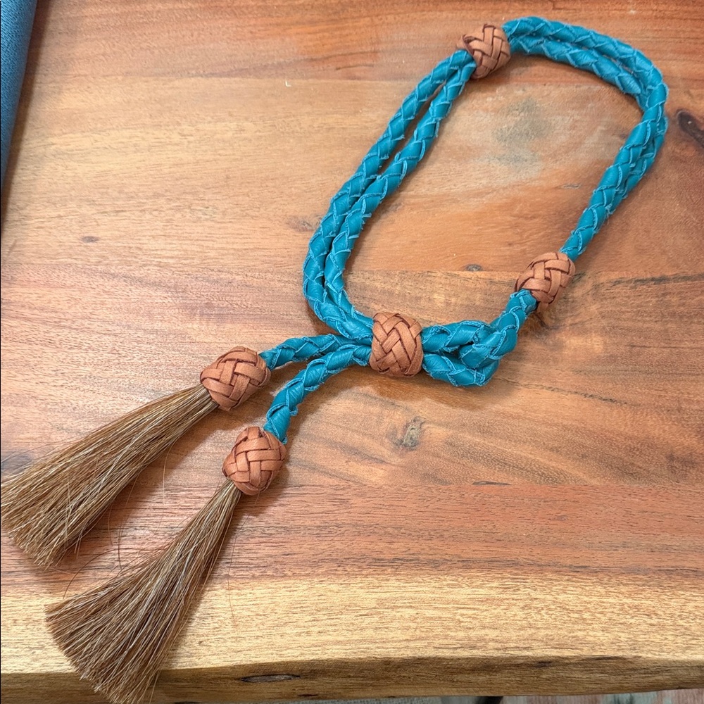Braided Teal and Brown Leather Hat Band with Horsehair